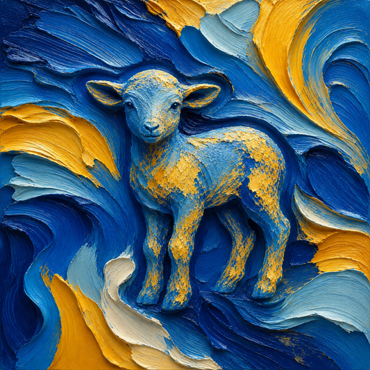 Painting of a lamb with swirling blue and yellow brushstrokes